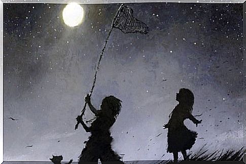 Happy children chasing the moon