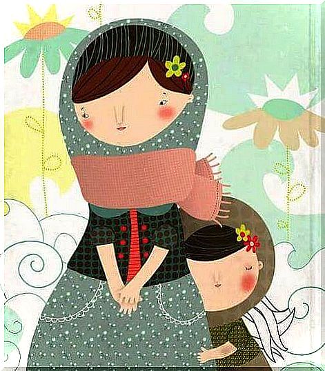 Illustration of a Little Girl Cuddling Her Mom