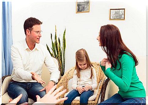 Couple argues in front of their daughter during couples therapy