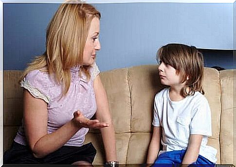 A mother talking to her child.