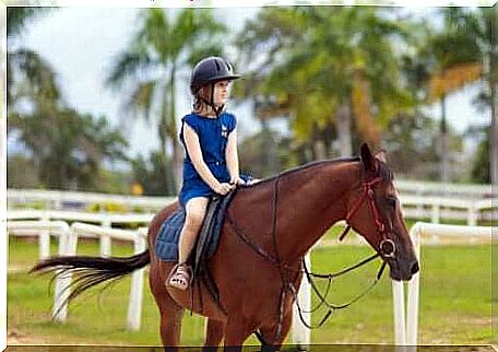 A little girl riding a horse.